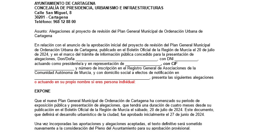 Te indicamos como puedes presentar las alegaciones preparadas por colectivos ecologistas al nuevo PGMO de Cartagena y que finaliza el 20-N