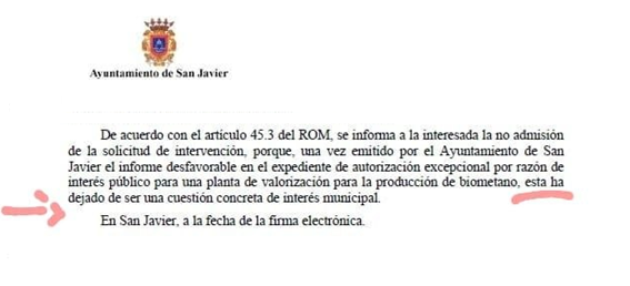 Stop Biogás Mar Menor celebra el reconocimiento oficial de que la macroplanta de biogás de San Javier no es de interés público